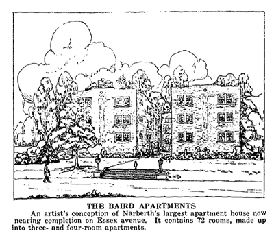 newspaper illustration of 3-story apartment building with 2 wings