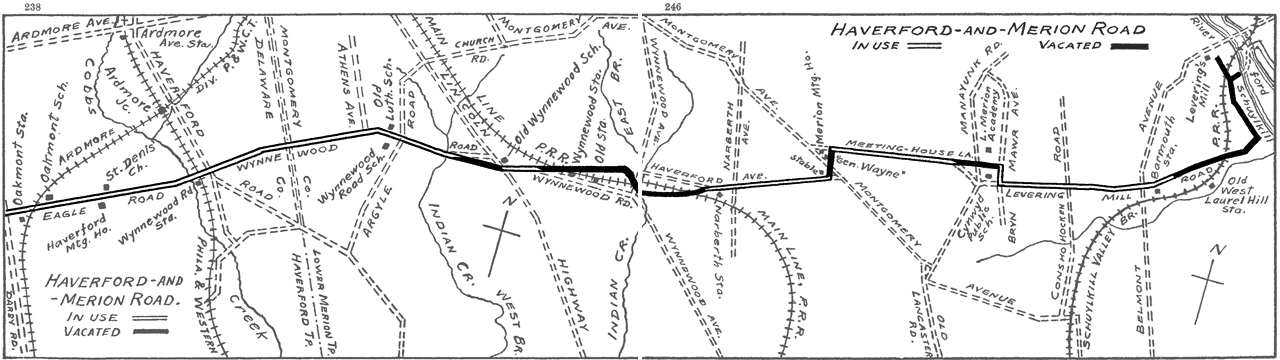 hand-drawn map of the Haverford and Merion Road, over a current map, showing its vacated sections