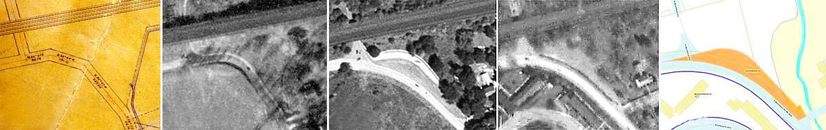 5 maps and aerial photos show the evolution of the E. Wynnewood curve from 1895 to 2017