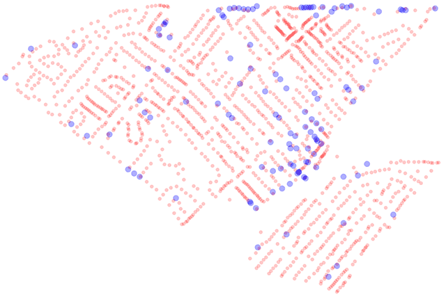 map of red and blue dots representing 1,575 buildings in Narberth