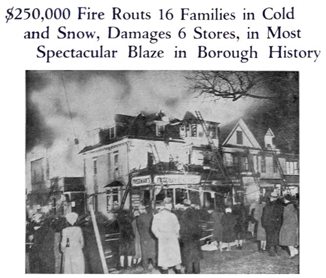 newspaper headline 'Fire Routs 16 Families' and photo