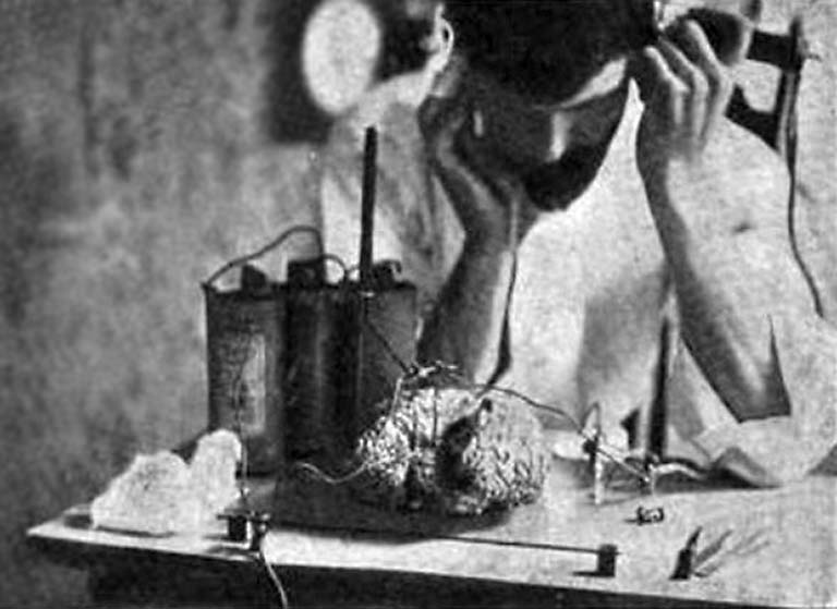 Collins listens through a hand-held earpiece to a wired-up brain on the table in front of him.