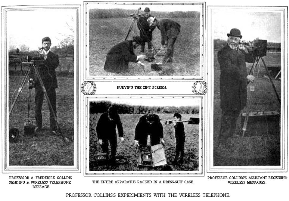 Collage of four photos showing sending and receiving wireless messages using bulky equipment on tripods, burying a zinc screen, and packing the apparatus in a case