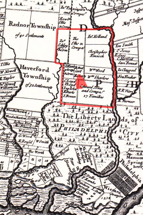 A portion of a 1687 map showing property lines in Philadelphia and surrounding area.