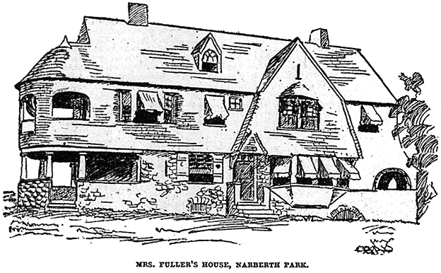 drawing of a large three-story stone house with a rounded porch and turret