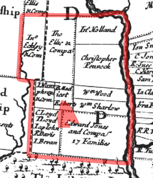 A portion of a 1687 map showing property lines in Philadelphia and surrounding area.
