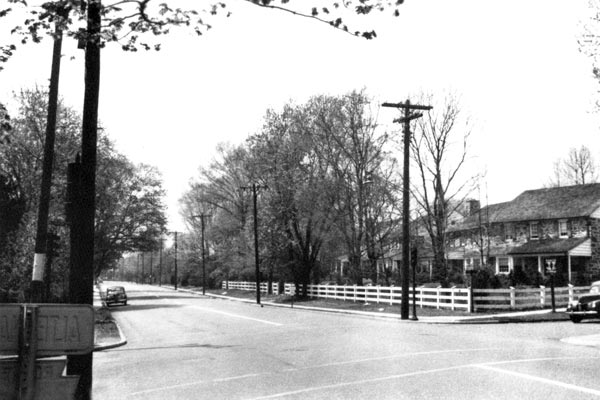 looking down Montgomery Avenue towards Ardmore, crossroads of McCllenaghan Mill Road in forground, 2 1930-40s cars