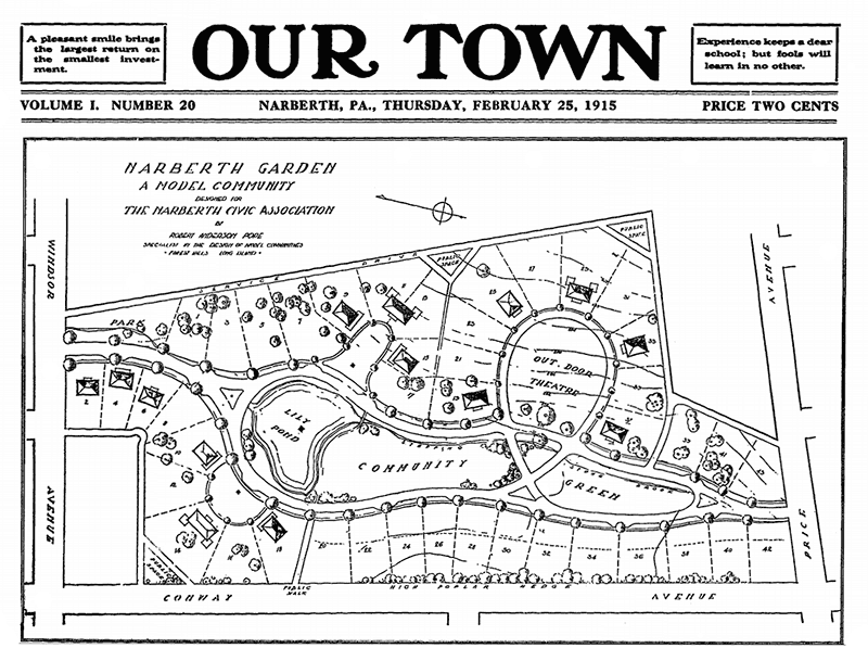 Front page of Our Town advertises 'Narberth Gardens, a model Community' designed for the Narberth Civic Association', with a map of its layout