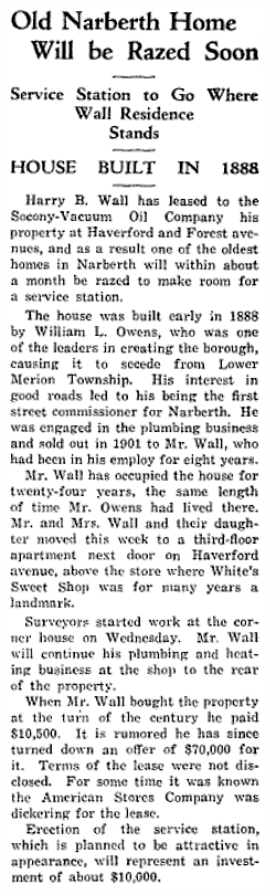 Old Narberth Home Will be Razed Soon, article from Our Town April 24, 1936