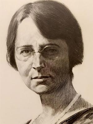 charcoal portrait of a middle-aged woman with short dark hair and wireframe glasses
