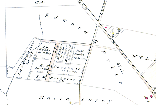 The lot owners are listed as M. M. Hobbs, R. S. Paschall and E. M. Richards. Elm Ave. is shown where Essex Ave. is today.