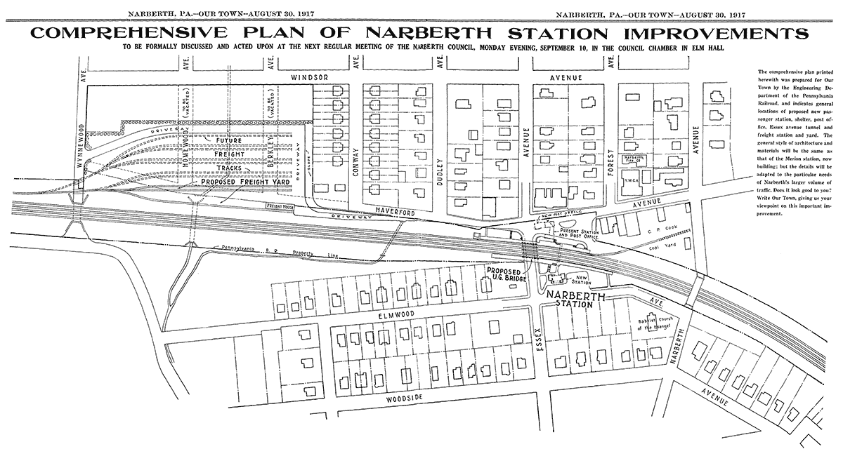 map of downtown Narberth showing proposed changes around the train station and a new freight yard