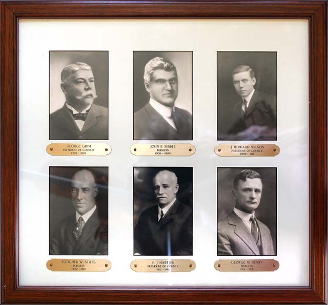 6 portraits, brass nameplates underneath, matted and framed