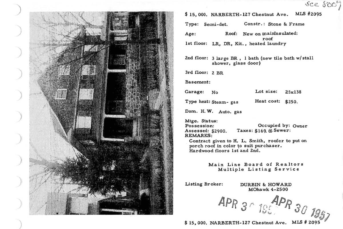 127 Chestnut Avenue real estate listing, 1957
