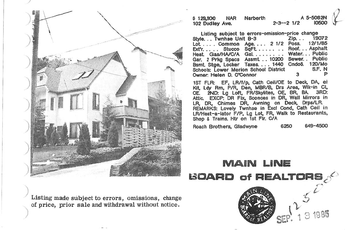 102 Dudley Avenue real estate listing, 1985