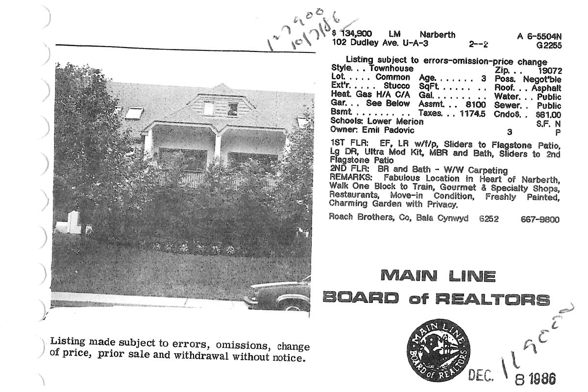 102 Dudley Avenue real estate listing, 1986
