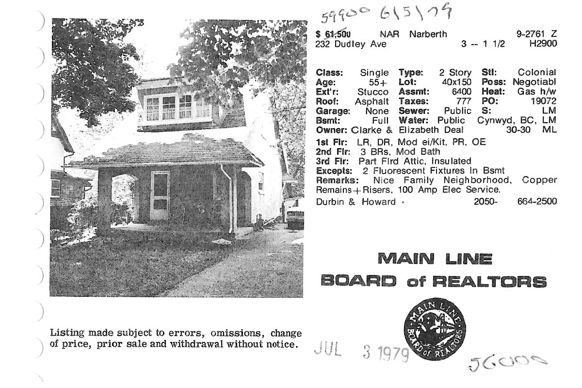 232 Dudley Avenue real estate listing, 1979