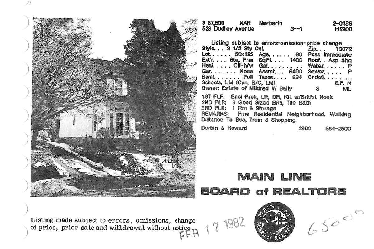 523 Dudley Avenue real estate listing, 1982