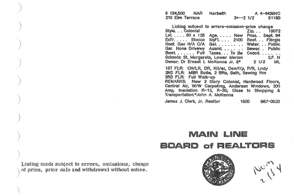 208 Elm Terrace real estate listing, 1984
