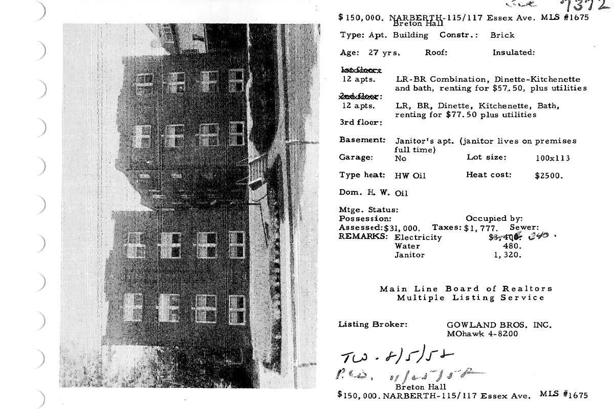 117 N. Essex Avenue real estate listing, 1958