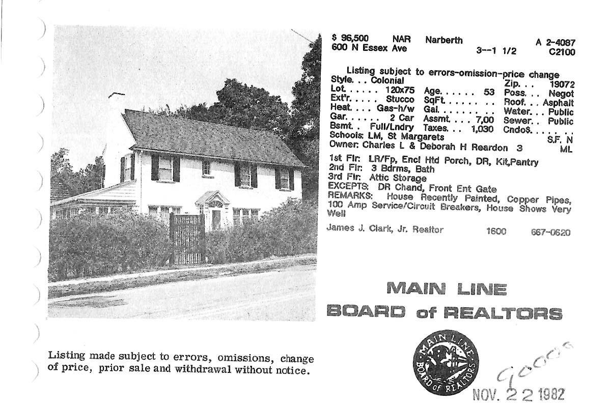 600 N. Essex Avenue real estate listing, 1982