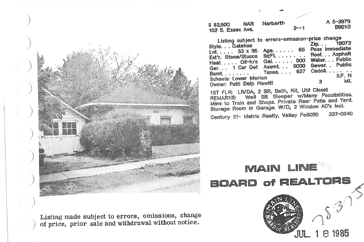 102 S. Essex Avenue real estate listing, 1985