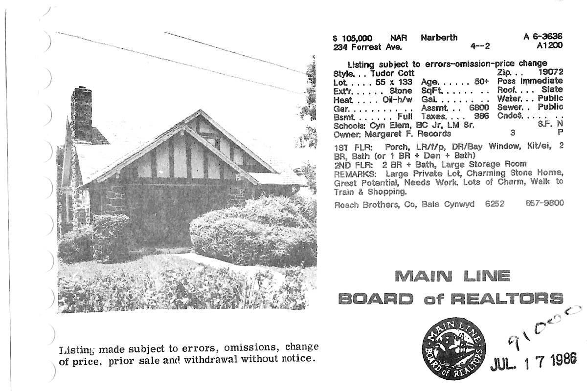 234 Forrest Avenue real estate listing, 1986