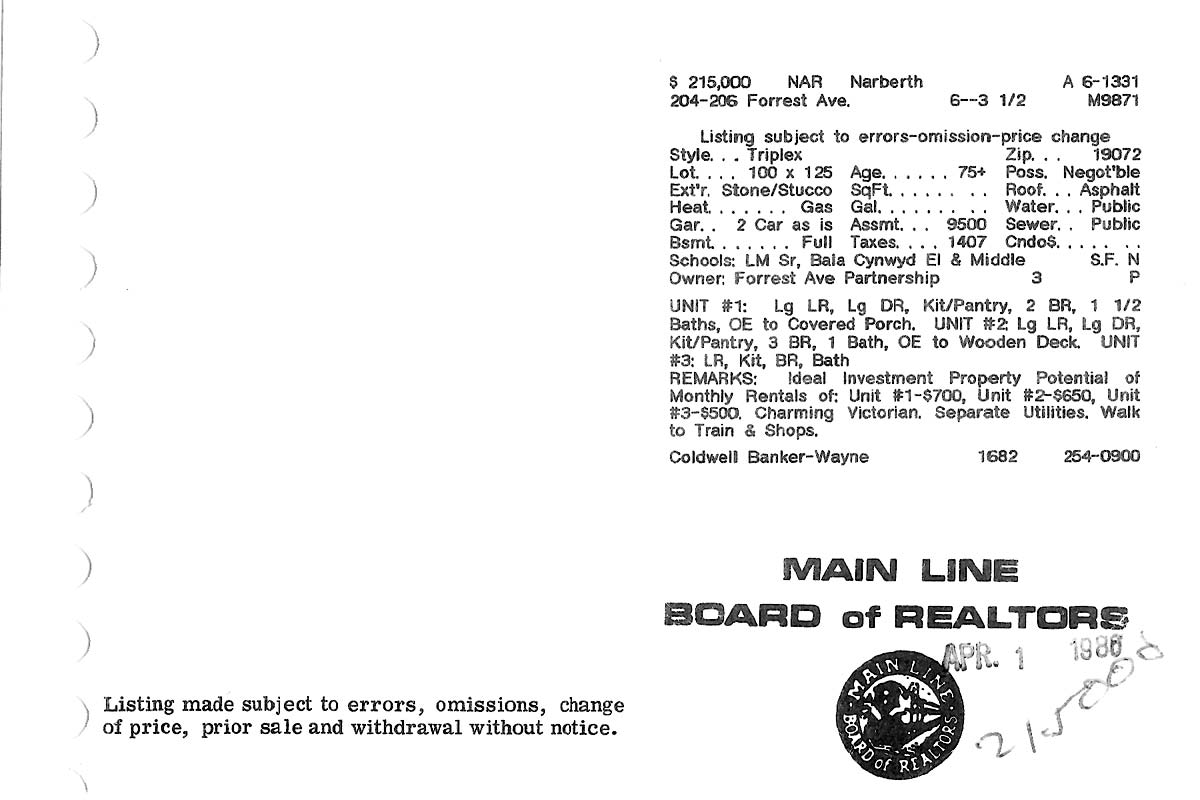 206 Forrest Avenue real estate listing, 1986