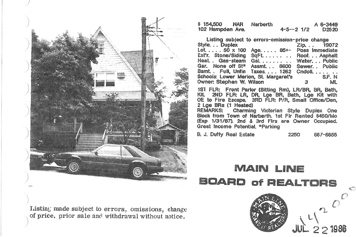 102 Hampden Avenue real estate listing, 1986
