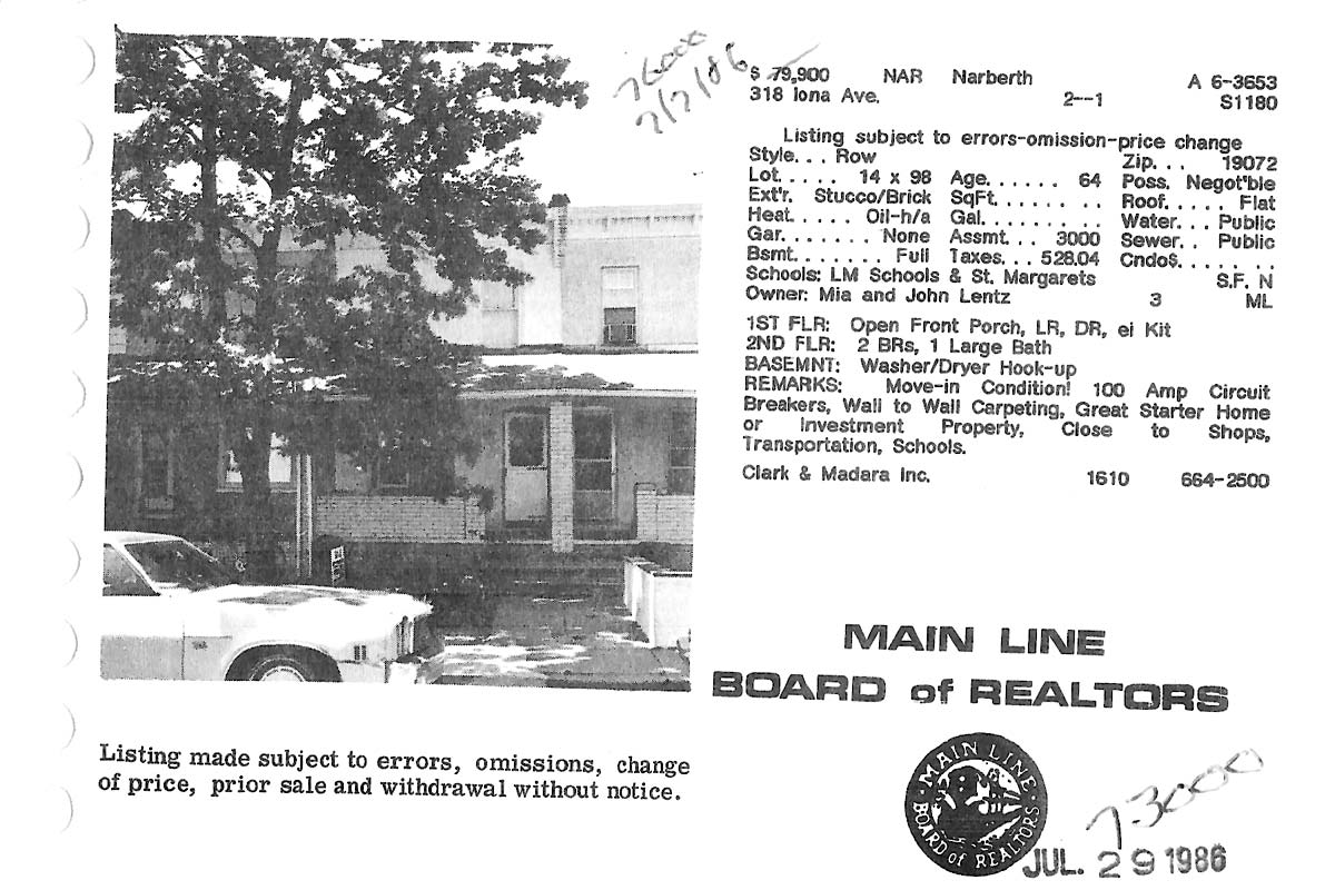318 Iona Avenue real estate listing, 1986