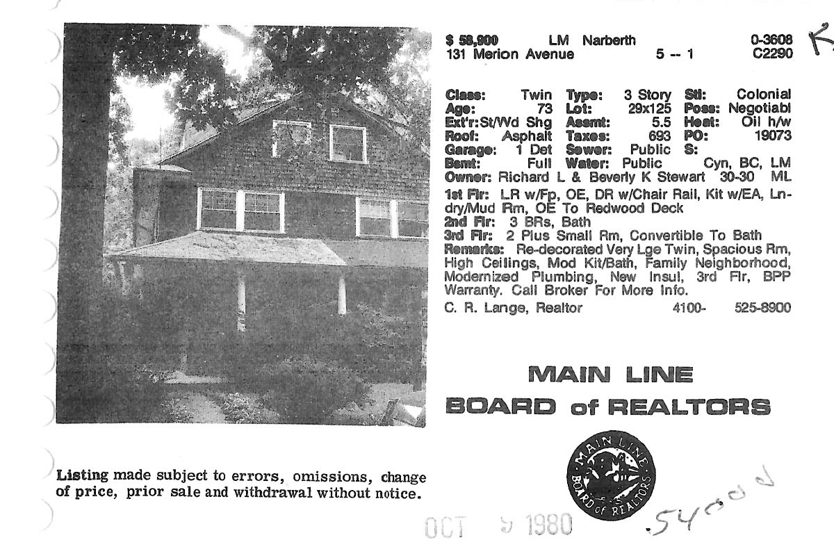 131 Merion Avenue real estate listing, 1980