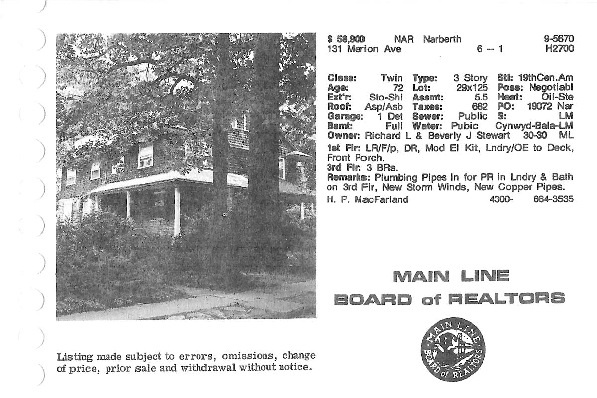 131 Merion Avenue real estate listing, 1979