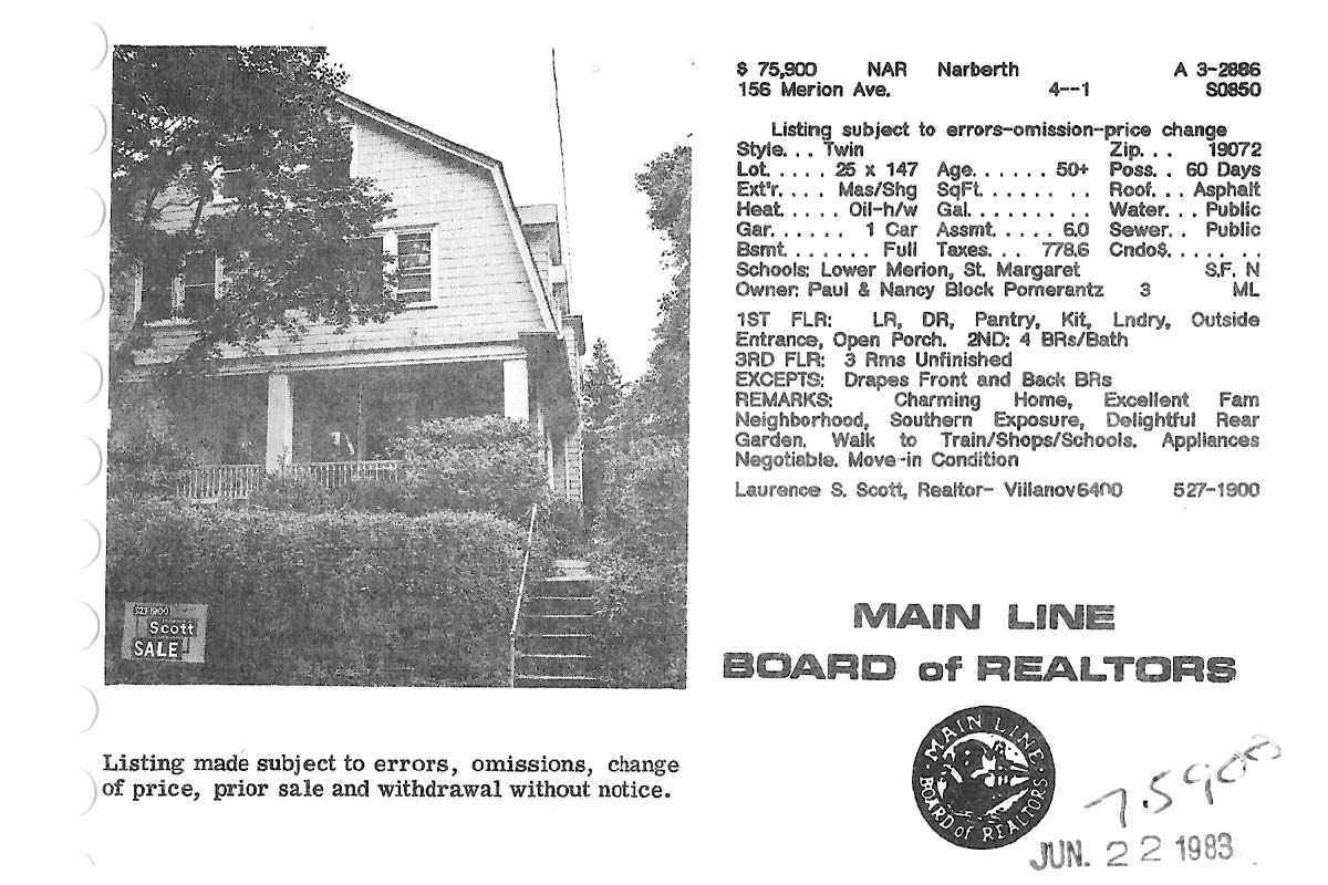 156 Merion Avenue real estate listing, 1983