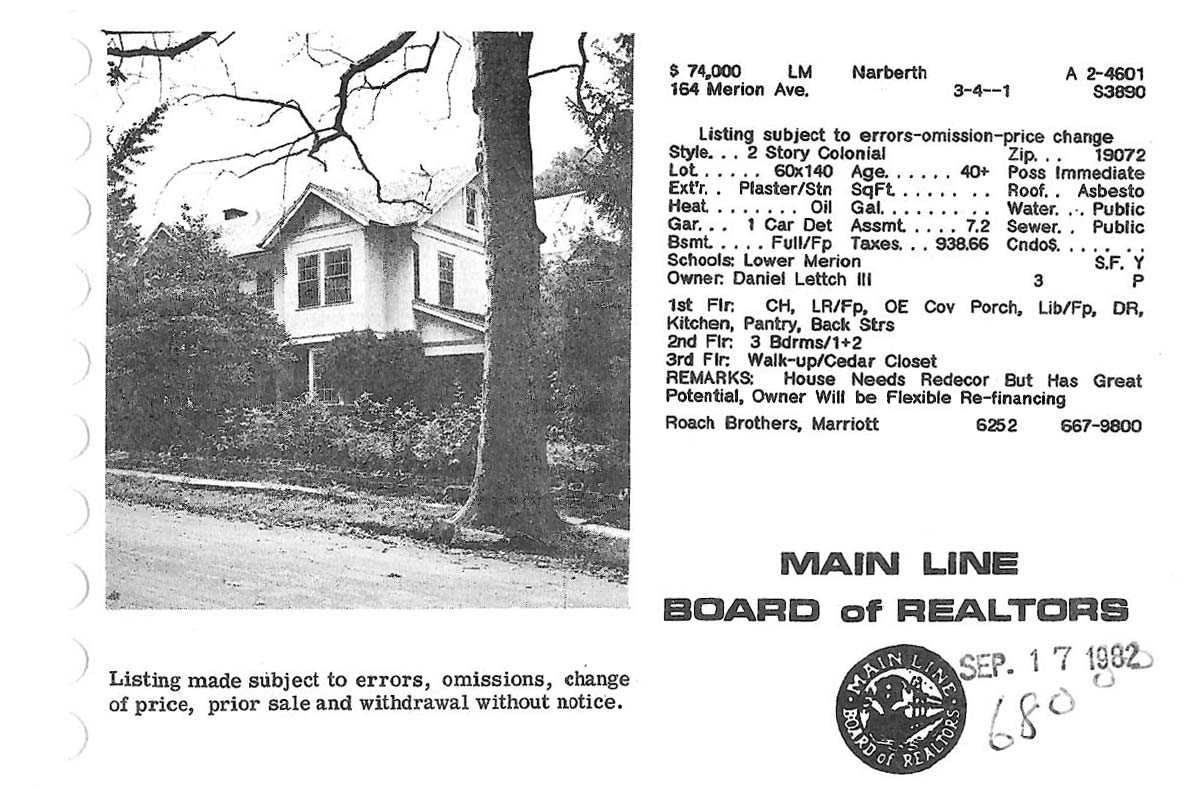 164 Merion Avenue real estate listing, 1982