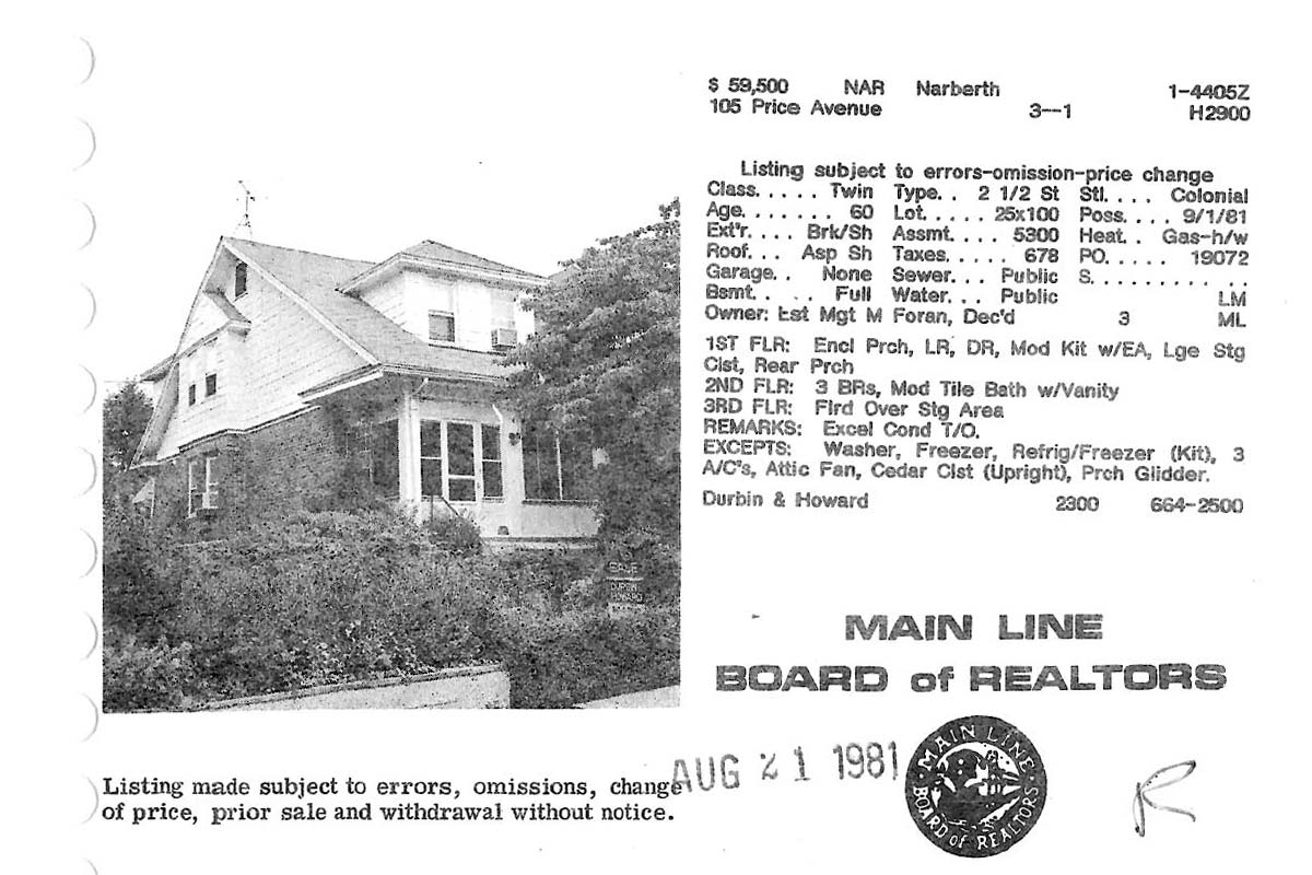 105 Price Avenue real estate listing, 1981