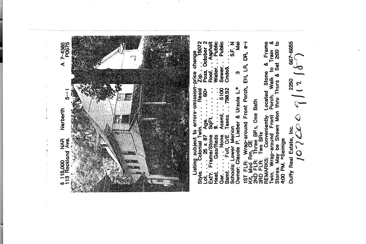 113 Rockland Avenue real estate listing, 1987