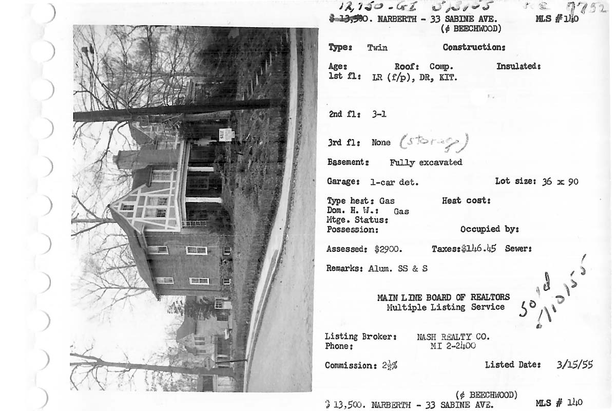 41 Sabine Avenue real estate listing, 1955