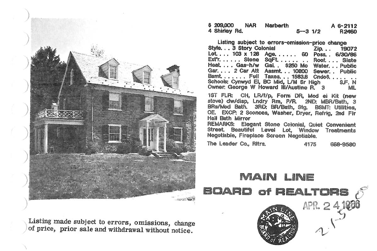 4 Shirley Road real estate listing, 1986