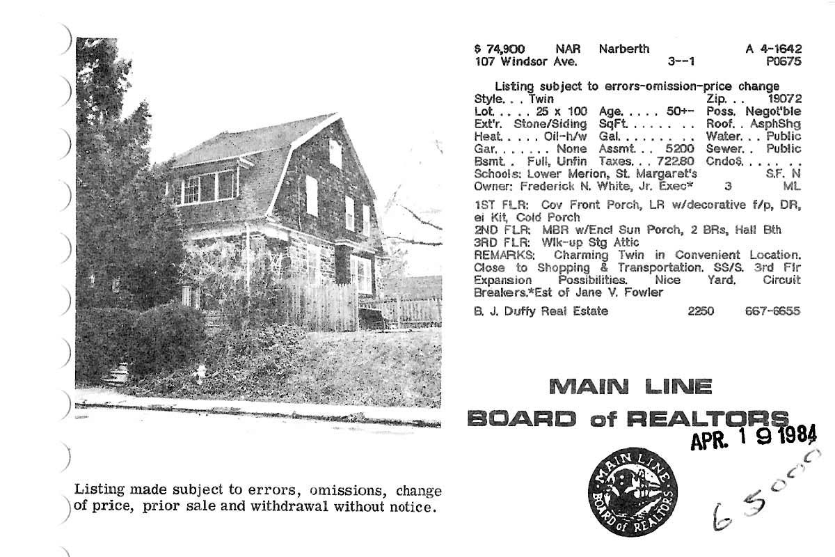 107 Windsor Avenue real estate listing, 1984