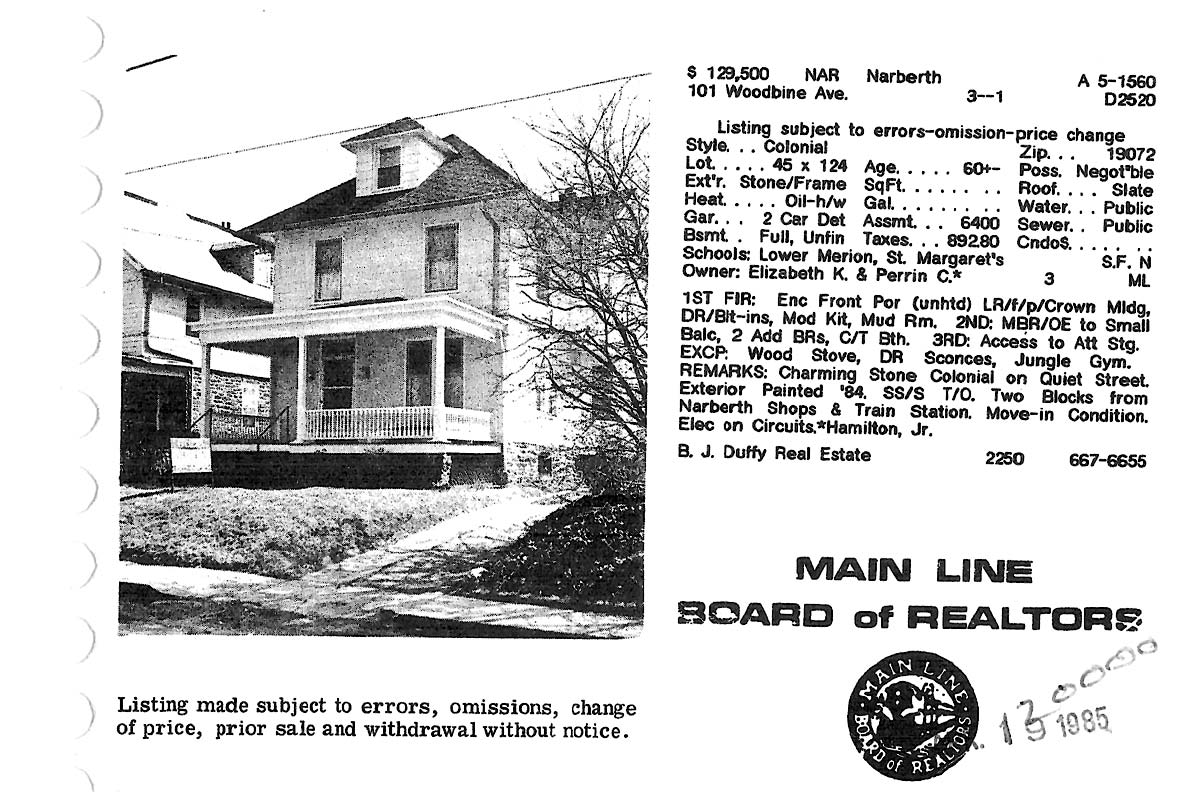 101 Woodbine Avenue real estate listing, 1985