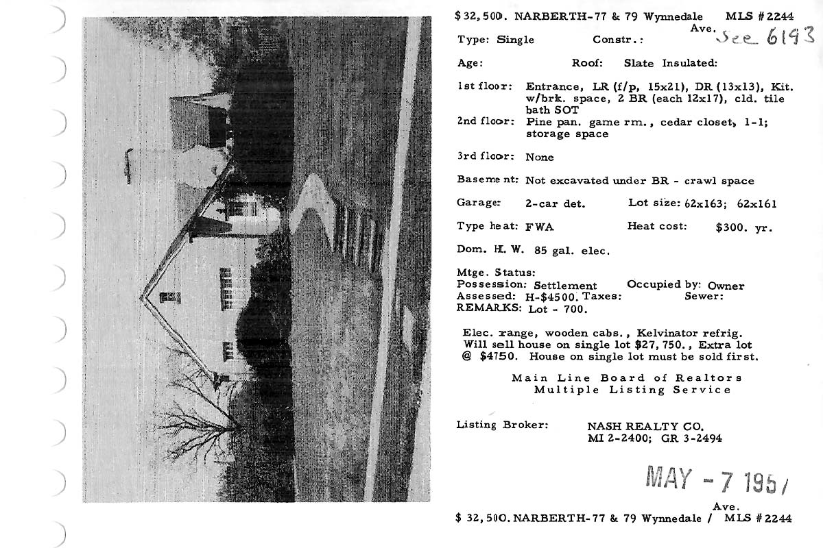 79 Wynnedale Road real estate listing, 1957