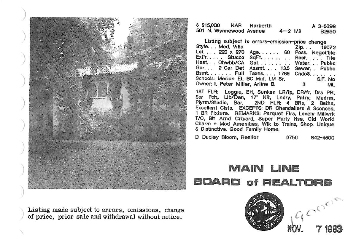 501 N. Wynnewood Avenue real estate listing, 1983