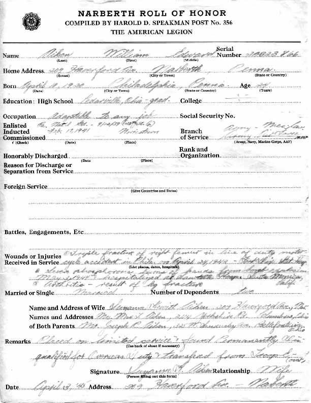 Roll of honor form for William Aiken, front