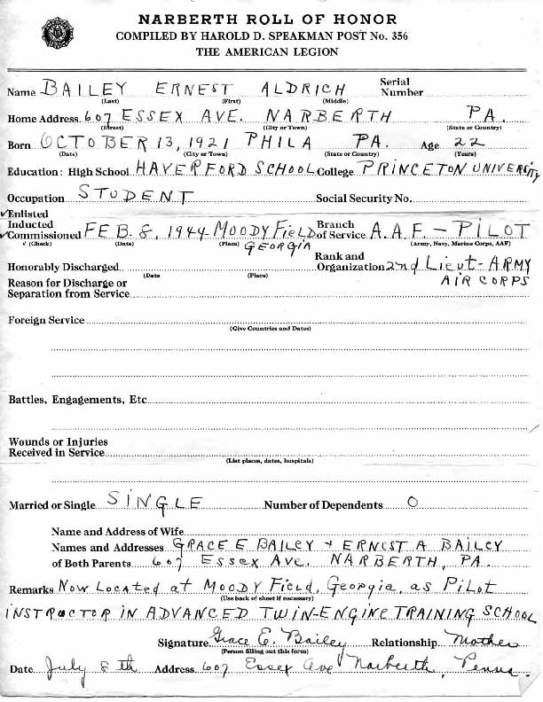 Roll of honor form for Ernest Bailey