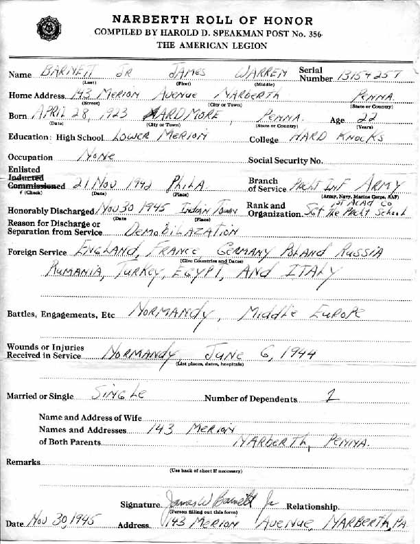 Roll of honor form for James Barnett
