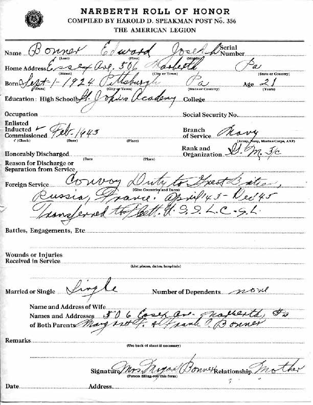 Roll of honor form for Edward Bonner