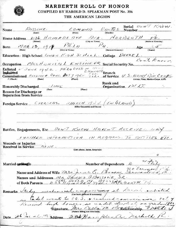 Roll of honor form for Edmund Bossone