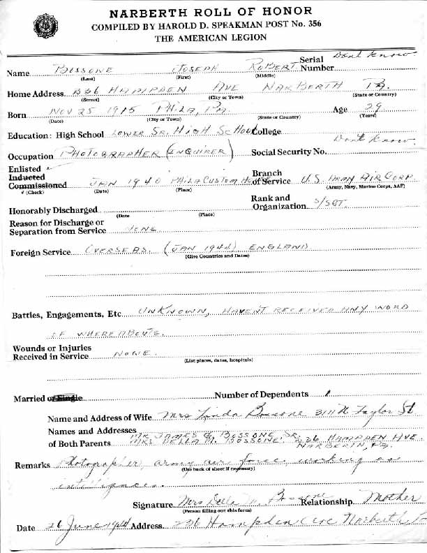 Roll of honor form for Joseph Bossone