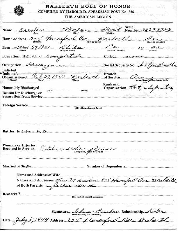 Roll of honor form for Morton Breslow, front
