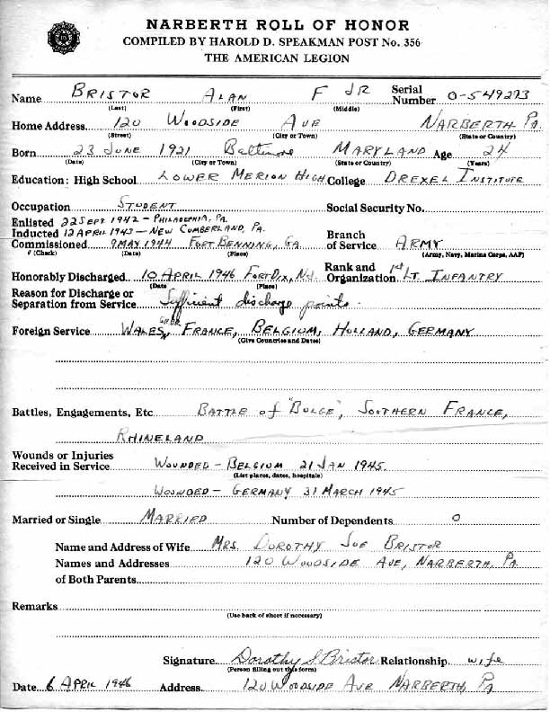 Roll of honor form for Alan Bristor